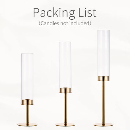 Inweder Hurricane Taper Candle Holders: Gold Glass Candlestick Holder Tall Candle Sticks Holder Decor with Glass Cover for Wedding Table Centerpiece Party Birthday Christmas Home Mantel Set of 3