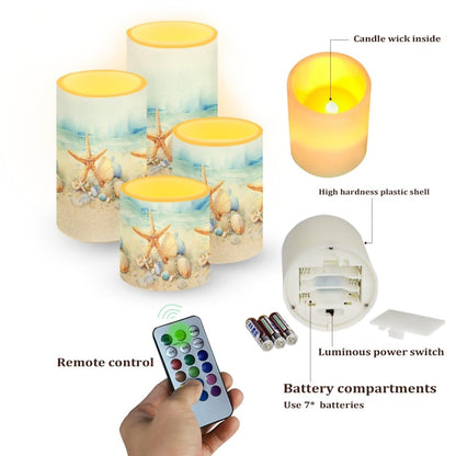 Merkmak 4 Pack 5.7" x 3" Battery Operated Candles with Timer Flameless LED Candles with Remote for Outdoor Porch Electric Fake Plastic Pillar Lights Bulk, Coastal Starfish