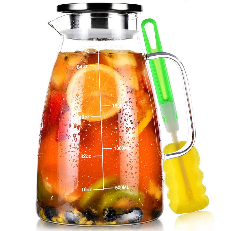 Aofmee Glass Pitcher with Lid, 68oz Water Pitcher with Handle and Precise Scale Line, Stainless Steel Iced Tea Carafe, Heat Resistant Borosilicate Jug for Juice, Milk, Cold or Hot Beverages