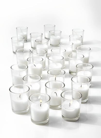 Serene Spaces Living 100-Pack White Unscented Votive Candles in Glass Holders, 10 Hour Burn Time, Bulk Set for Weddings, Events, Parties, Spa, Emergency & Home Decor, 2" Tall x 1.75" Diameter