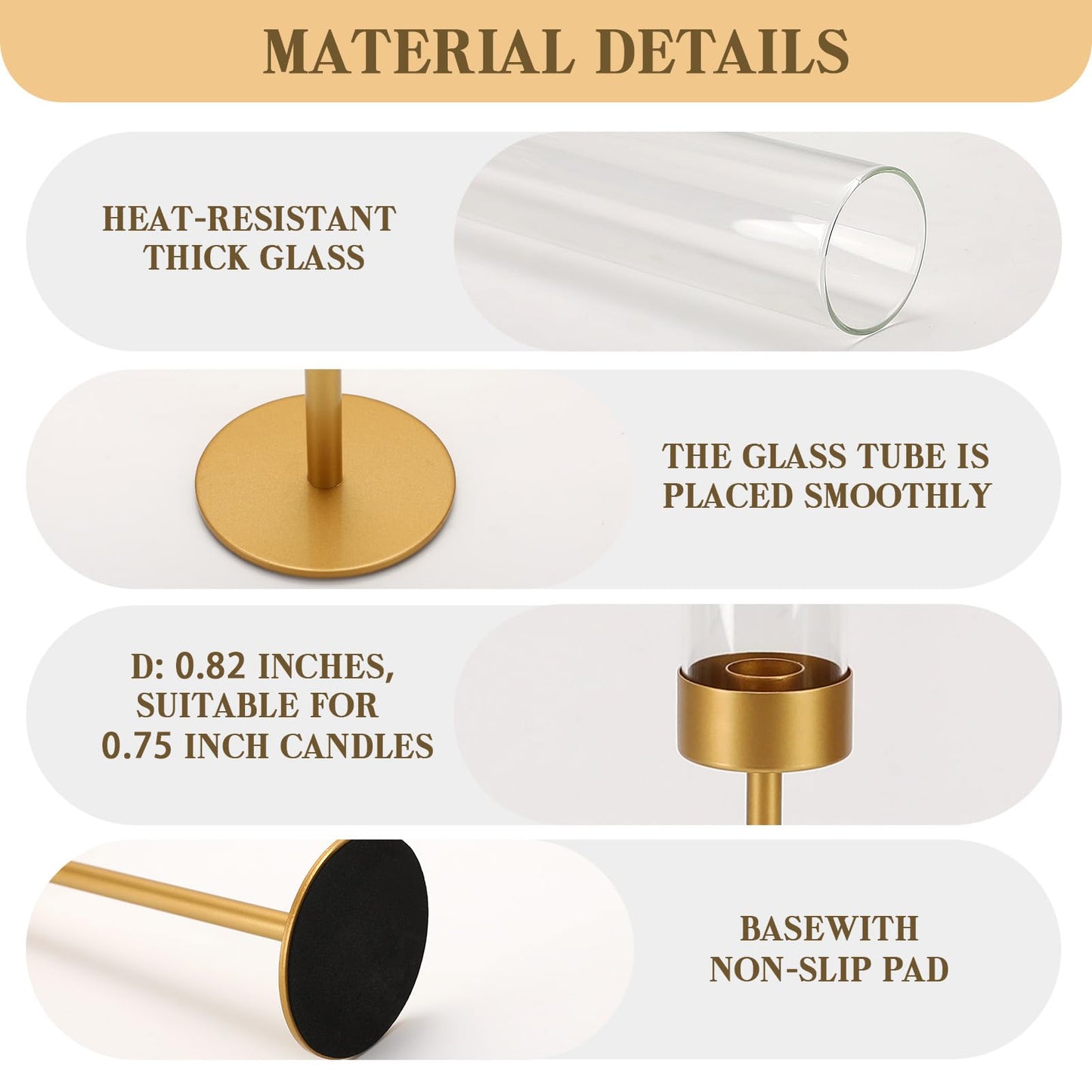Glass Hurricane Candle Holders Set of 3-Gold Metal Base Taper Candle Stick Holders for CandlesticksHolder Decor, Elegant Dining Table Centerpiece for Wedding, Christmas & Home Decor