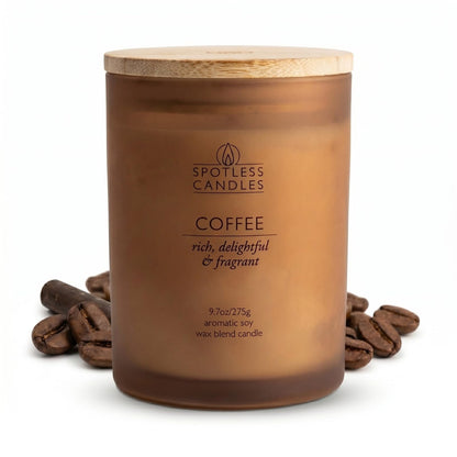 Coffee Candle; 9.7oz, 55 Hrs Burn Time, Soy Wax Brown Frosted Jar with Crackling Wooden Wick & Luxury Gift Box with Gold Foil Strip: Coffee Scented Candle by Spotless Candles