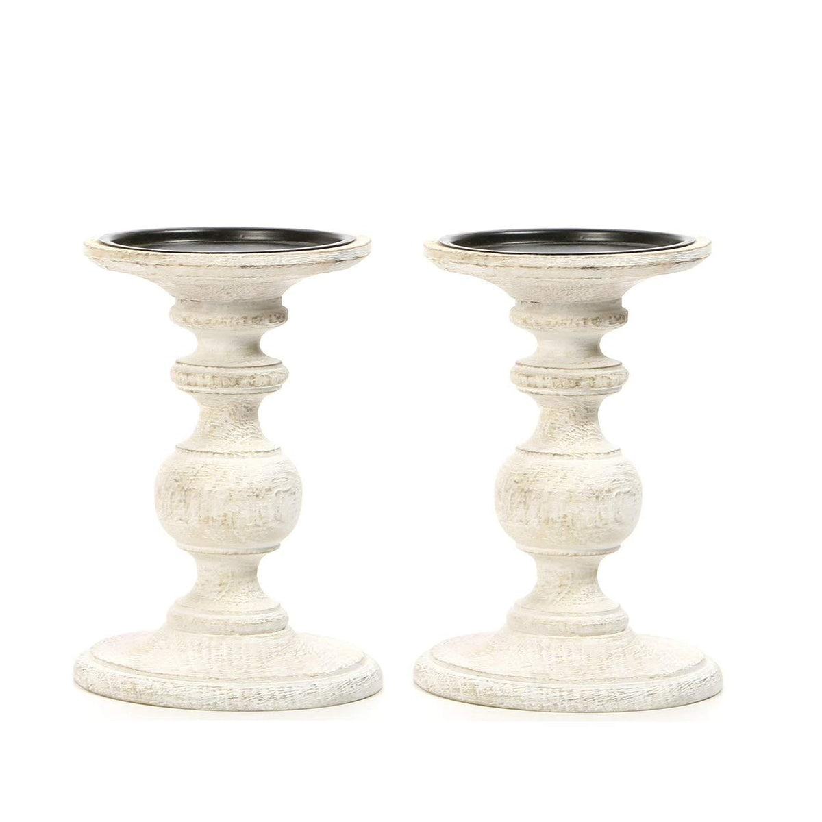 Hosley Set of 2 White Wooden Pillar Candle Holder 7 Inch High Bundle with Set of 4, 3 Inches High, White Unscented Pillar Candles