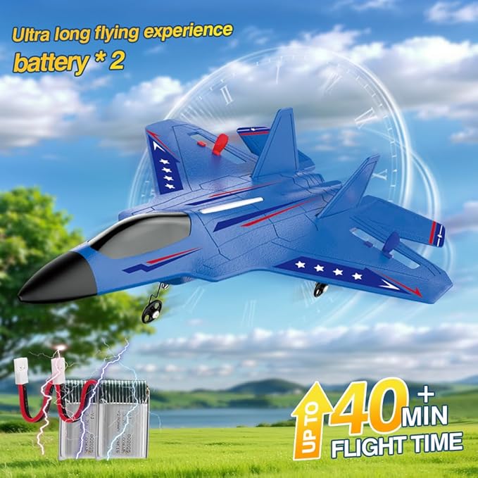 Fremego RC Airplane F22 Fighter Jet for Kids &amp Adults 2.4GHz Remote Control with Gyro Stabilization LED Lights Crash Resistant EPP Foam Perfect Beginner Gift(Blue)