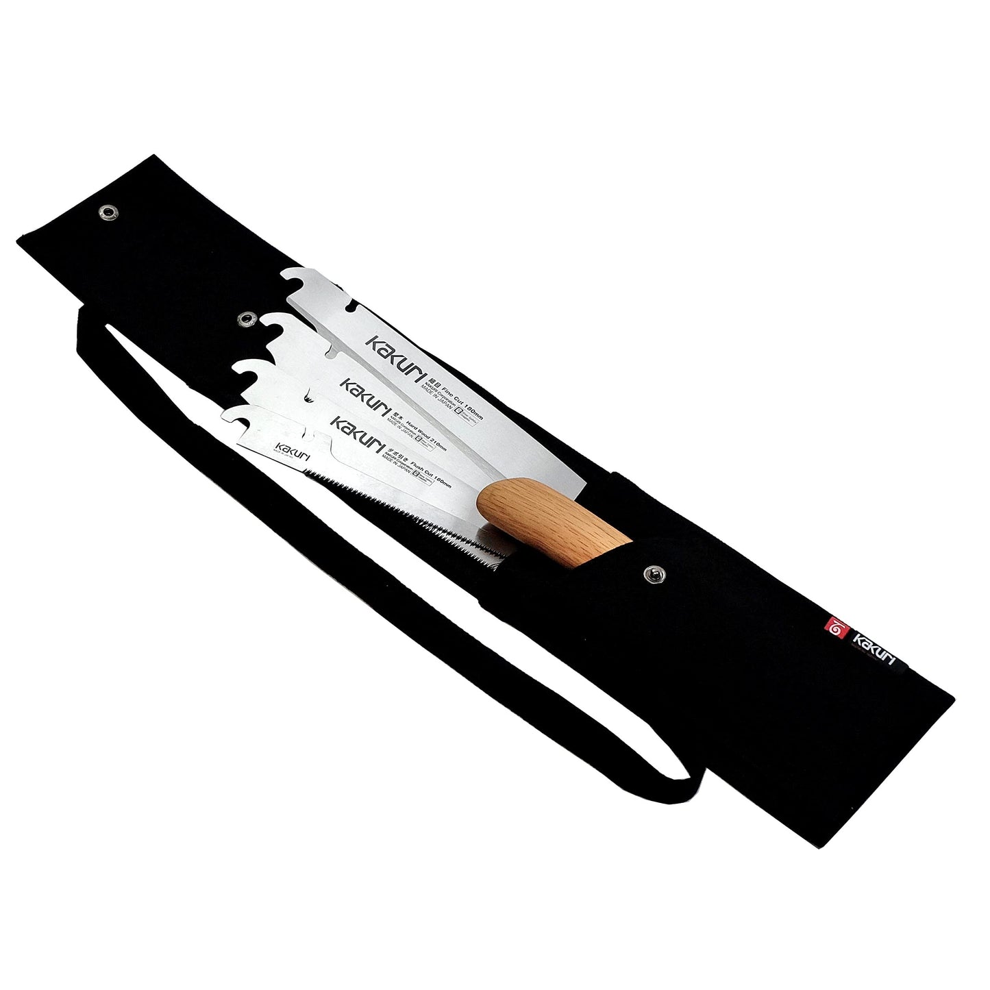 KAKURI Japanese Pull Saw Set for Precision Woodworking - Fine Cut 7", Flush Cut 7", Hardwood 8.2", Keyhole 6" - Red Oak Handles with Oil Finish, Canvas Carrying Case - Made in Japan