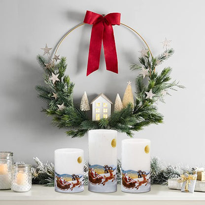 Eldnacele Christmas Flameless Candles with Timer, LED Flickering Battery Pillar Candles with 6H Timer and Santa Snowman Decals, Festival Winter Party Decoration Set of 3 (D 3” x H 4” 5” 6”) - Santa