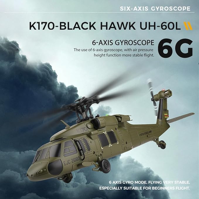 K170 UH60L Remote Controlled Helicopter for Adults RC Aircraft Plane 2.4Ghz 4CH RC Helicopter Heli Aileronless 6-Axis Gyroscope Altitude Hovering (1 Battery)