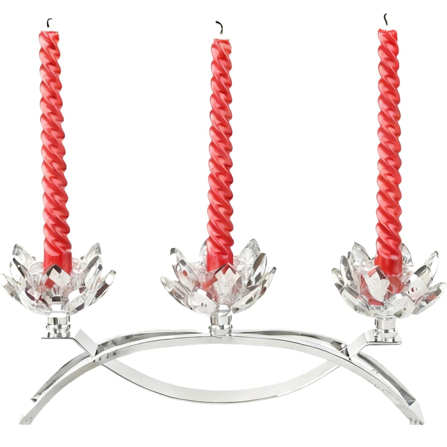 LUMINFLY Crystal Lotus Candle Holders, 11.4 in Silver Table Centerpiece, 3-Head Lotus Candlestick with Glass Petals, Nickel-Plated Metal, for Home Decor, Wedding, Dining