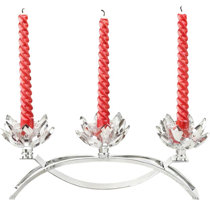 LUMINFLY Crystal Lotus Candle Holders, 11.4 in Silver Table Centerpiece, 3-Head Lotus Candlestick with Glass Petals, Nickel-Plated Metal, for Home Decor, Wedding, Dining