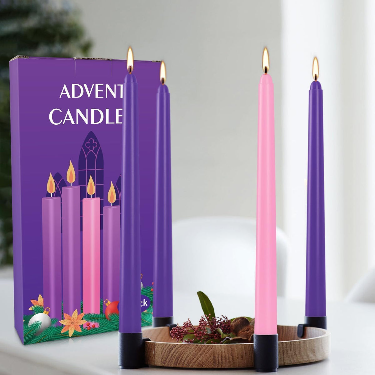 16-Pack Christmas Advent Candles (12 Purple & 4 Pink), 10 Inch Taper Candles for Holiday Decor - Unscented, Dripless & Long-Lasting for Church, Christmas, Weddings and Table Centerpieces