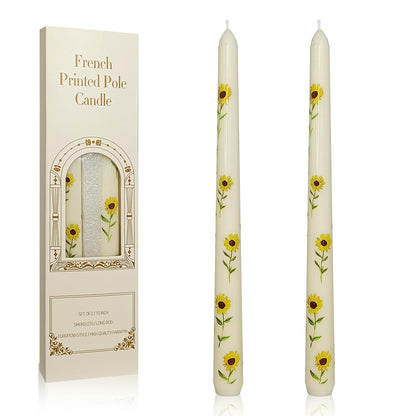Floral Taper Candles 10 Inch Tall Unscented Handmade Beige Sunflower Print Candles Long Burning Elegant Candlesticks for Wedding Dinner Home Decor