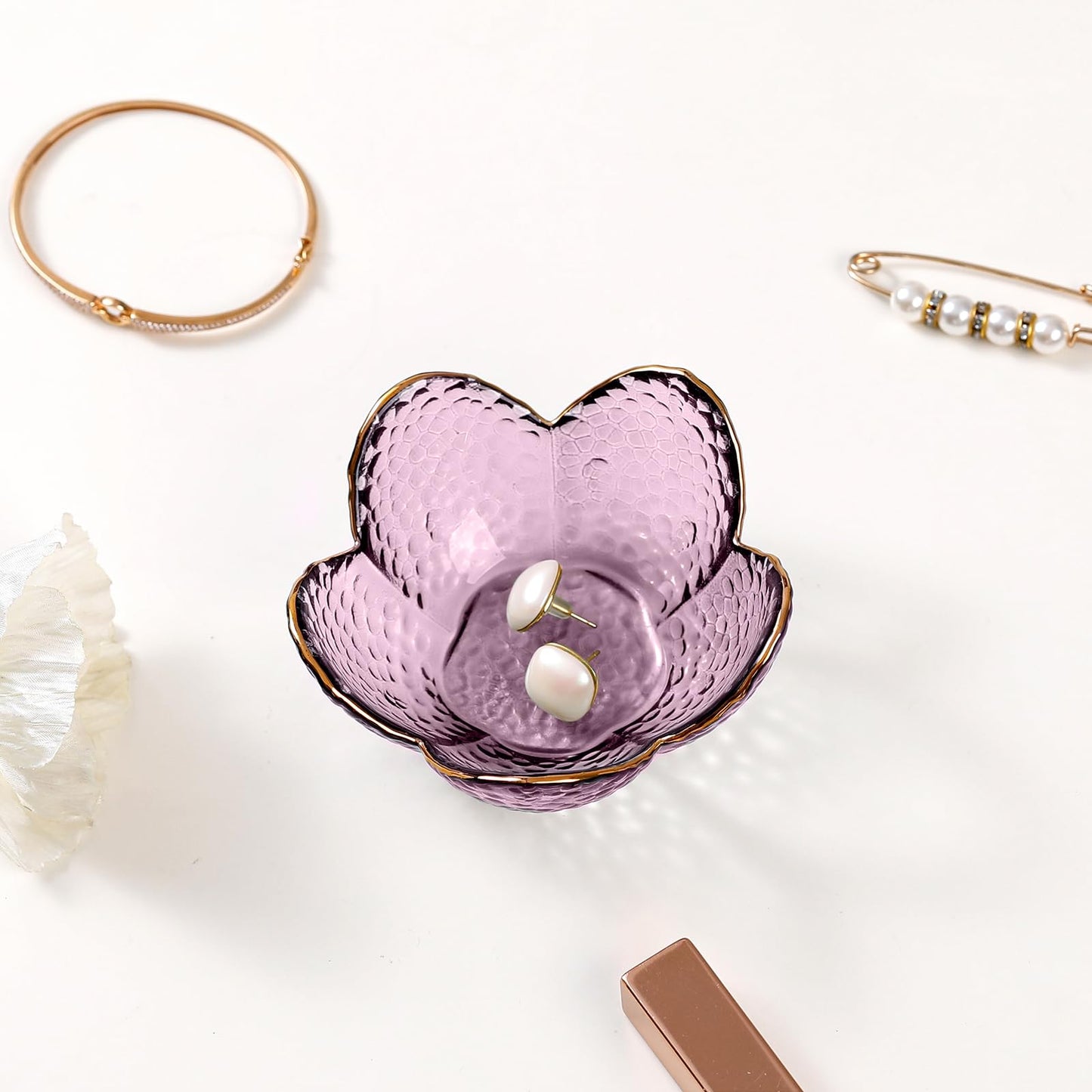 Purple Flower Jewelry Dish Glass Ring Dish Jewelry Tray Cute Vanity Organiser Room Decor Aesthetic Nightstand Bathroom Decor Trinket Dish Ring Holder Valentine's Friendship Birthday Gifts for Women