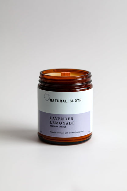 Natural Sloth Lavender Lemonade Beeswax Candle – 9 oz, Pure Essential Oils, Non-Toxic, Made Safe® Certified, Wooden Wick, Clean Burning.