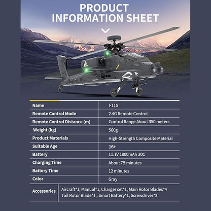 1/32 F11-S AH64 Apacche RC Helicopter 2.4G 6CH RC Dual-axis Co-Drive Flybarless 6G/3D Stunt Airplane Model with GPS (RTF Version)