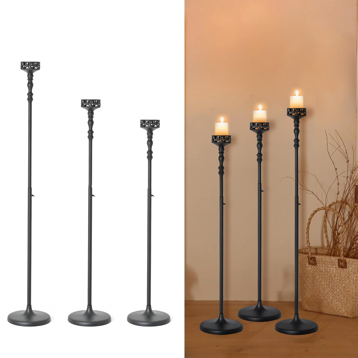 Floor Candle Holder Centerpieces for Tables,3Pcs Black Candle Holder for Pillar Candles Matte Metal Candlestick Set for Wedding Party Home Candles Holder for Ceremony Mantel Decor (Adjustable Height