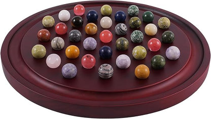 HOROW 12.6 Inches Large Marble Solitaire Board Game Wooden Classic Natural Stone Marbles Solitaire Game Set Containing 36 Colored Natural Stone Marbles Strategy and Smart Games (red Walnut)