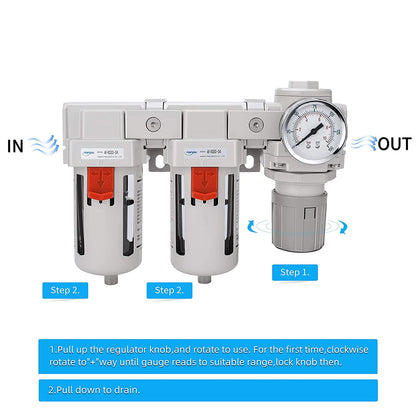 NANPU 1/2" NPT Air Drying System - Double Air Filters, Air Pressure Regulator Combo - Semi-Auto Drain, Poly Bowl