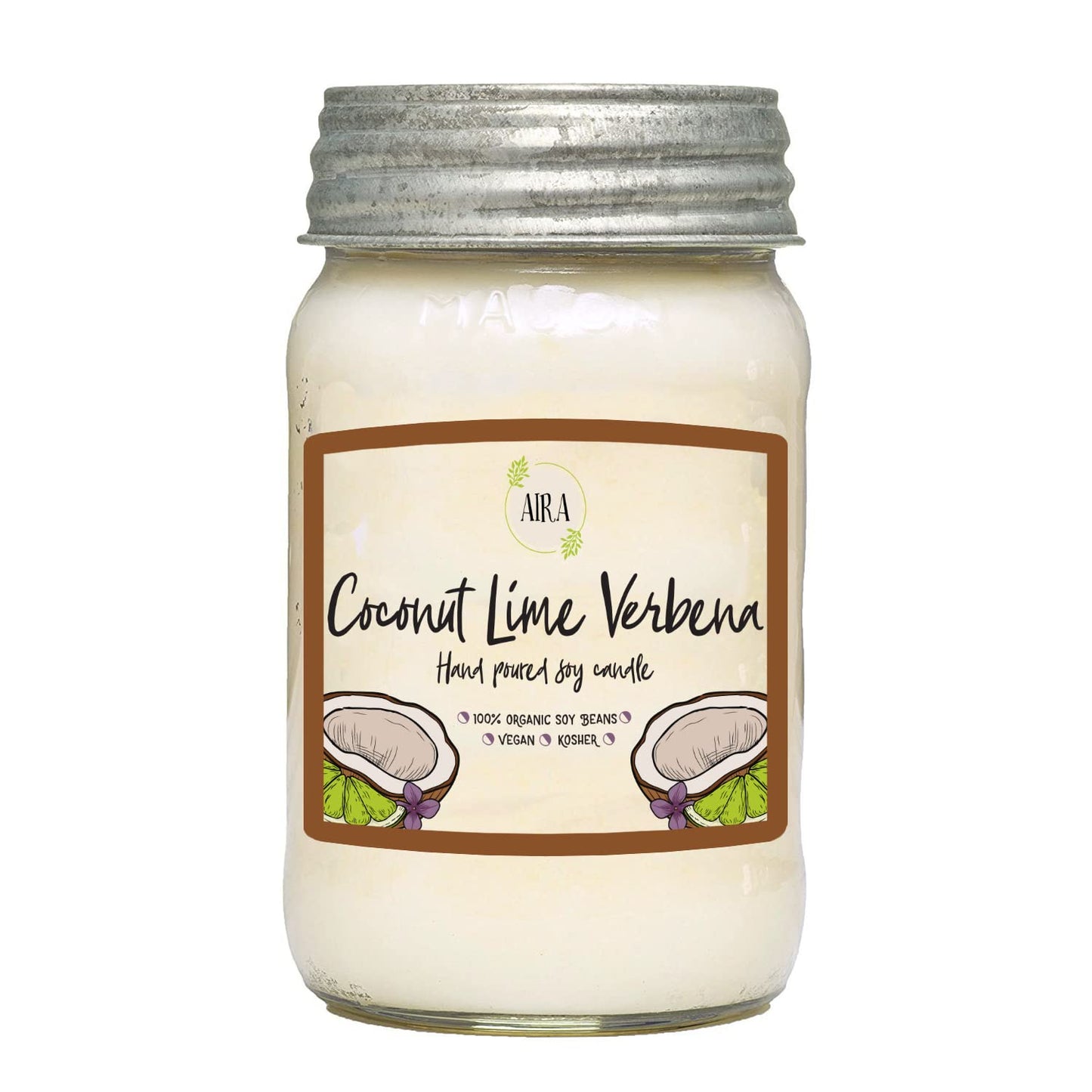 Aira Soy Candles - Organic, Kosher, Vegan, in Mason Jar w/Therapeutic Grade Essential Oil Blends - Hand-Poured 100% Soy Candle Wax - Paraffin Free, Burns 110+ Hours - Coconut Lime Verbena - 16 Ounces