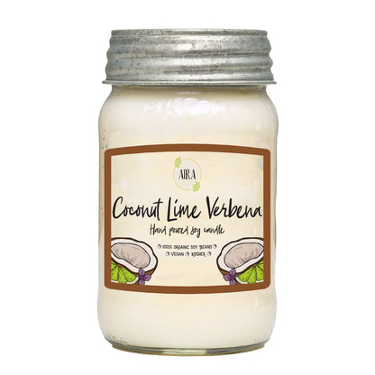 Aira Soy Candles - Organic, Kosher, Vegan, in Mason Jar w/Therapeutic Grade Essential Oil Blends - Hand-Poured 100% Soy Candle Wax - Paraffin Free, Burns 110+ Hours - Coconut Lime Verbena - 16 Ounces
