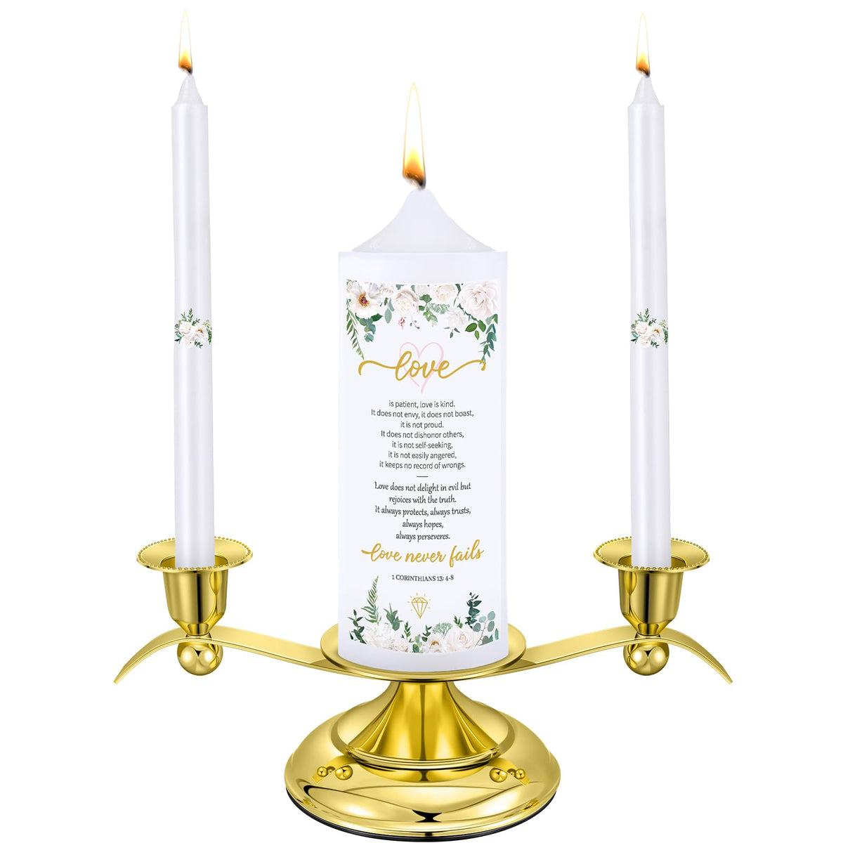 Landhoow 3 Unity Floral Candles for Wedding Ceremony Set with Golden Holder White Pillar and Taper Candles Religious Wedding Catholic Anniversary Big Events Gifts for Couple