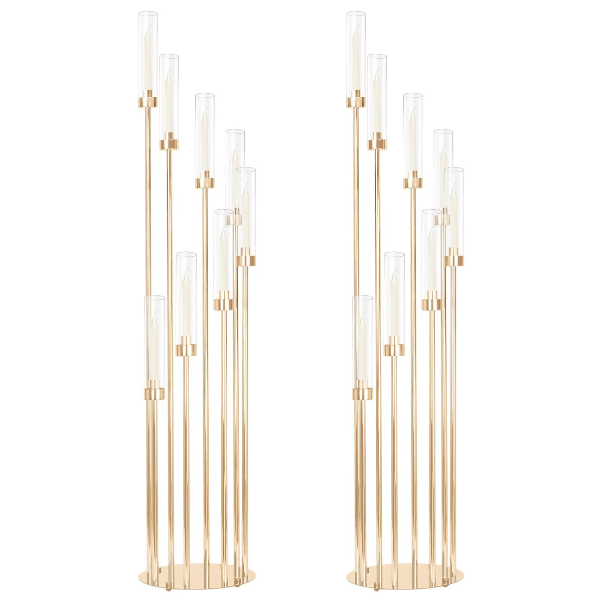 2 Sets Gold Candelabra,12 Arm Candlestick Holders with Acrylic Shades, 46'' High Large Floor Candle Holders for Wedding Centerpieces Table Decorations Fit 0.9" Candles and LED Taper Candles