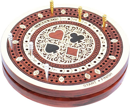 House of Cribbage - 2 Track 60 Points - Round Shape Pocket Size Wooden Travel Cribbage Board - Size 4 Inch (Maple Wood/Bloodwood)