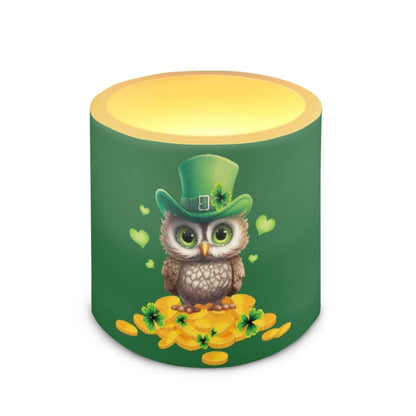 Merkmak 4 Pack Flickering Flameless Candles with Timer and Remote Battery Operated LED Candles St Paddy's Day Tea Lights for Party, Banquet, Home Decoration, Owl Gold Shamrocks Print