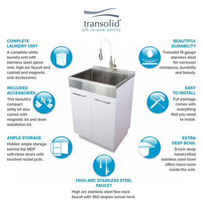 Transolid TCAB-2420-WSW 24-in All-in-One Laundry Cabinet Sink, Stainless Steel High Arc Faucet, and Basket in White