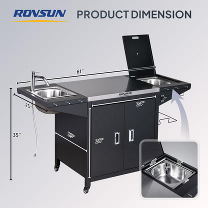 ROVSUN Outdoor Grill Cart with Sink, 304 Stainless Steel Sink with Chilly Bin Cooler, Rolling Kitchen Prep Island with Cabinet, Bottle Opener, Rubbish Rack, Patio, Gardens, Backyards