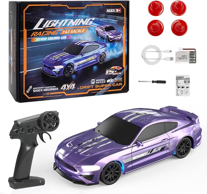 1:43 Scale Mini RC Drift Car 2.4GHz 4WD Desktop RC Drift Car 15KM/h Handheld Racing Mini Vehicle with LED Lights Speed Switching Racing Sport Toy for Adults Teens (Purple)