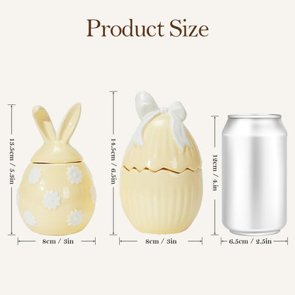 WDS WONDROUS 2-Pack Easter Bunny & Bow Ceramic Jar Candles, Egg Shaped Soy Wax Scented Candles with Daisy and Striped Design, Spring Home Decor Gift Set for Women, Yellow Farmhouse Table Centerpiece