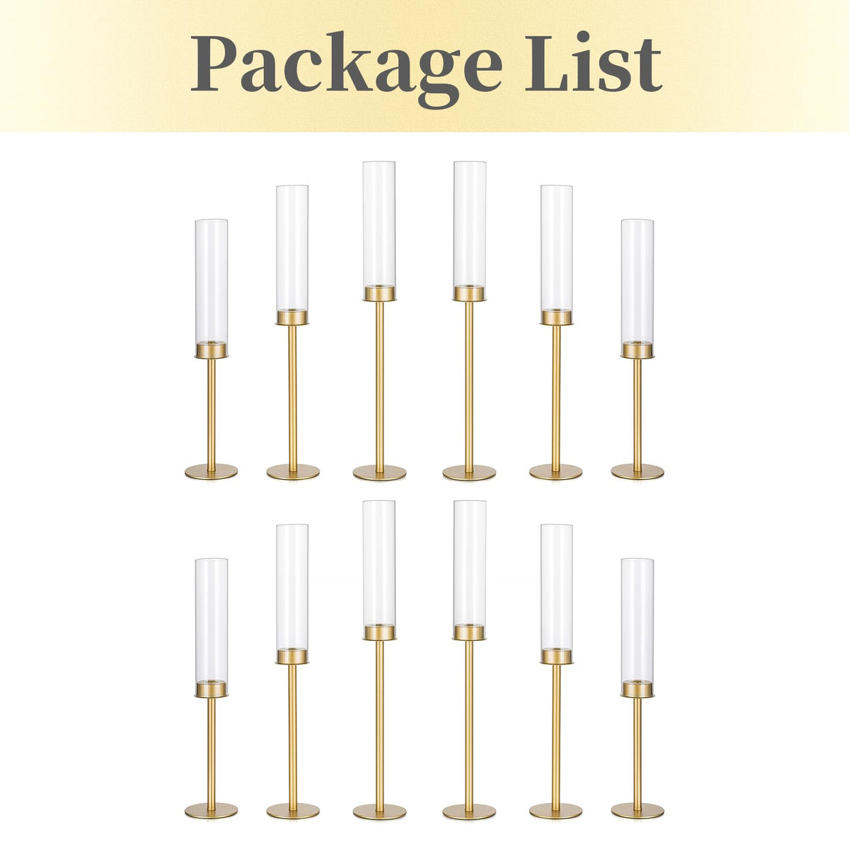 Hewory Gold Tall Hurricane Candlestick Holders: 12Pcs Brass Taper Candle Holder Candelabra Centerpieces, Candle Stick Holders with Candle Cover for Wedding Dinner Christmas Decor