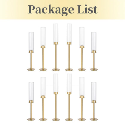 Hewory Gold Tall Hurricane Candlestick Holders: 12Pcs Brass Taper Candle Holder Candelabra Centerpieces, Candle Stick Holders with Candle Cover for Wedding Dinner Christmas Decor
