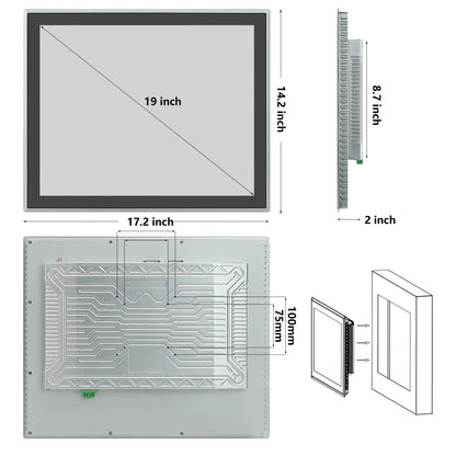 TouchWo 19 inch Industrial Embedded Touchscreen Monitor, Capacitive Multi-Touch Screen Industrial Front IP65 Monitor Built-in Speakers, HD-MI in, USB, VGA, 16:10 1280x1024 Display