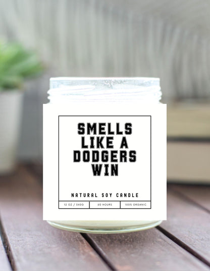 Smells Like a Dodgers Win Sports Candle - Scented Soy Wax Candle (8.0 oz) 50-60 Hour Burn Time, Cotton Wick, Frosted White Glass Jar, (Vanilla)