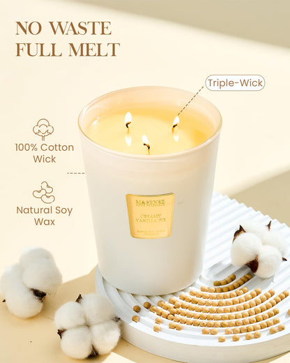 M&SENSE Creamy Vanilla Pie Soy Candle, 35oz 3-Wick 150H, Sweet Large Aromatherapy Candle, Birthday Housewarming Gift