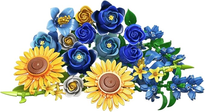 Blue Rose Flowers Valentines Gifts - Bouquet Building Set Compatible with Lego Flowers for Adults Women Van Gogh's Starry Night and Sunflowers Style Christmas Mother's Day Home Decor