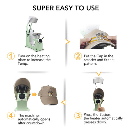 Giraffe Auto Hat Heat Press Machine, Automatic Hat Press Heat Machine for Caps T-Shirts Bags, DIY Sublimation Hat Press Cap Press Auto Open & Release & Digital Press Knob-Style Control Panel (Green)