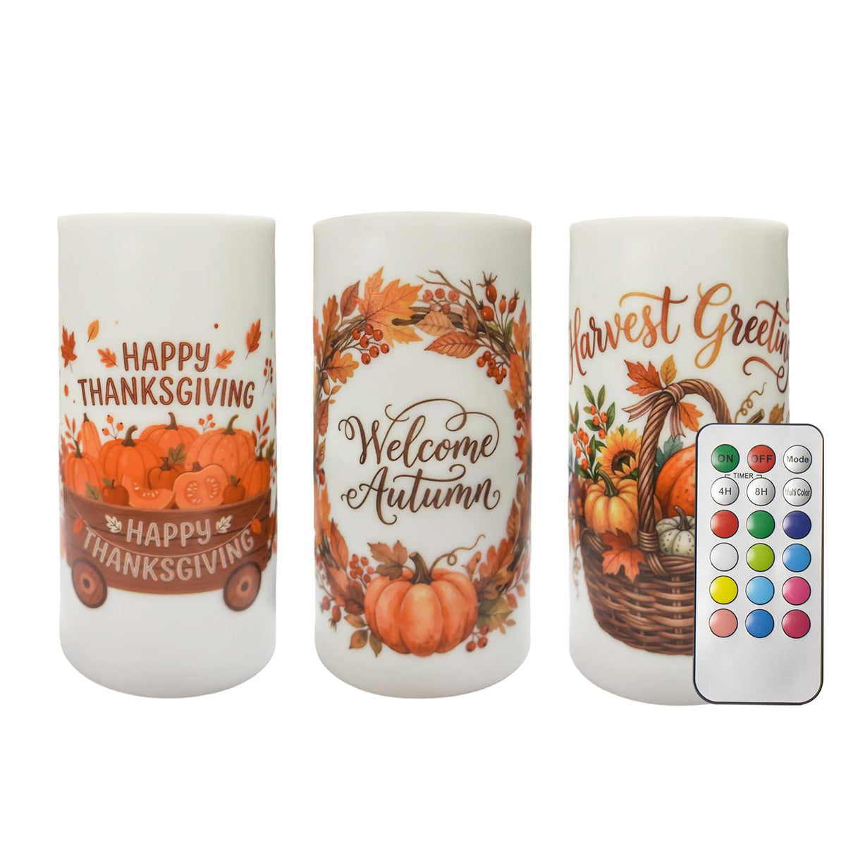 Aulaygo 3PCS Thanksgiving Flameless LED Candles Pumpkin Fall Decor Candle Lights with Timer Warm White Battery Operated Electric Led Maple Leaf Candle Lights for Fall Party Home Decor