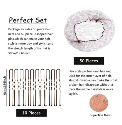 Invisible Hair Nets and U Shaped Hair Pins Set/Hair Bun Shaper Set with 50Pcs Elastic Edge Mesh Hair Nets and 10Pcs Positioning U Shaped Hair Pins for Women Hair Bun(Brown)
