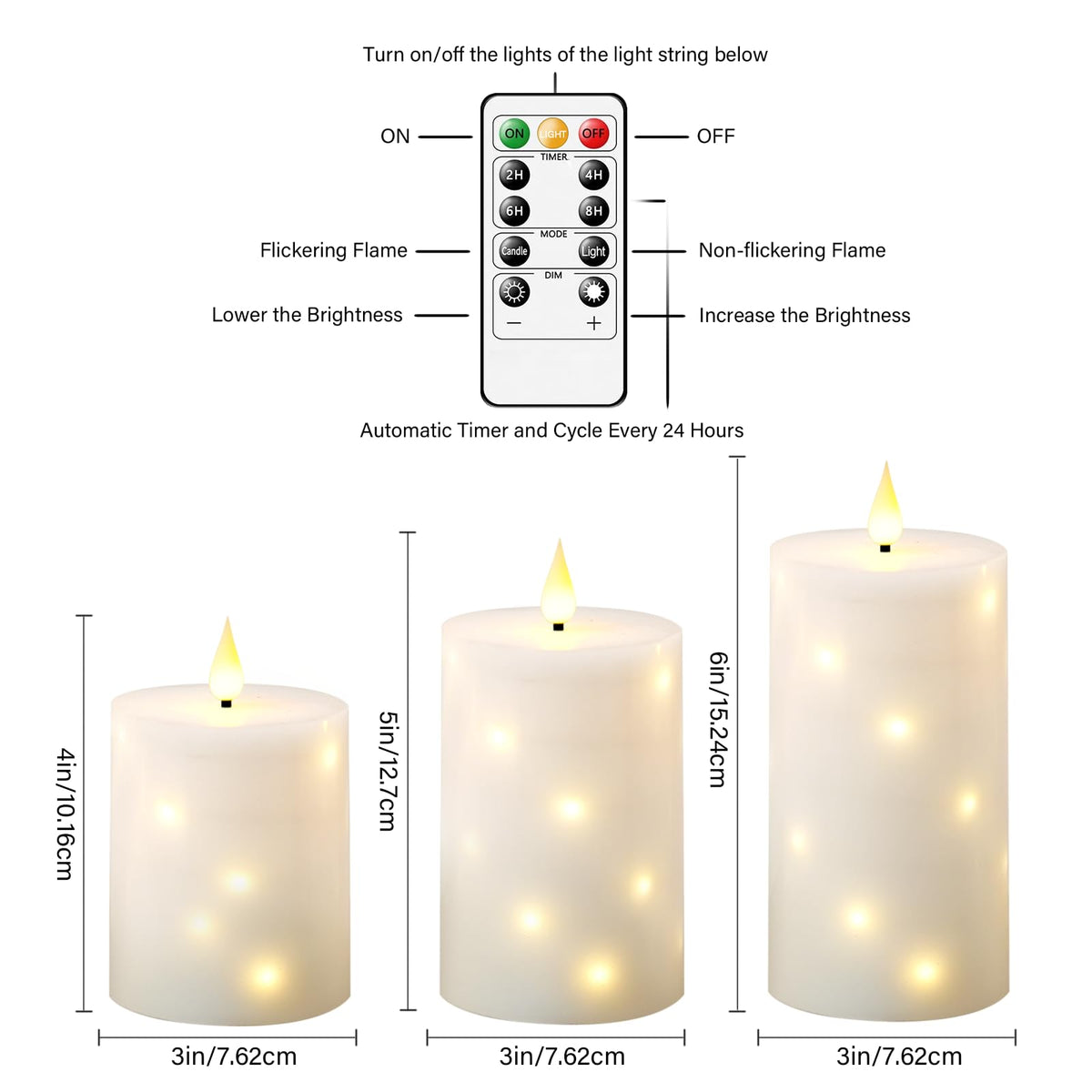 JINYANIA Flameless Candles with Embedded Star String, Real Wax Battery Operated Candles with Remote Timer, Flickering Pillar LED Candle Set for Home Decor Romantic Ambiance （White）