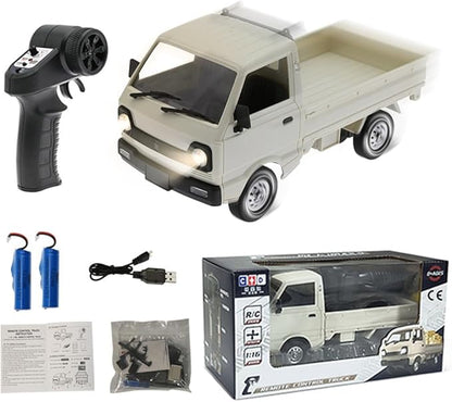 WPL D12mini 1/16 RC Mini Drift Climbing Truck with Front Light 2.4G Remote Control Car Kei Off Road Truck DIY Rear Drive Hobby Grade Toy 20 Minutes Runtime - Double Batteries