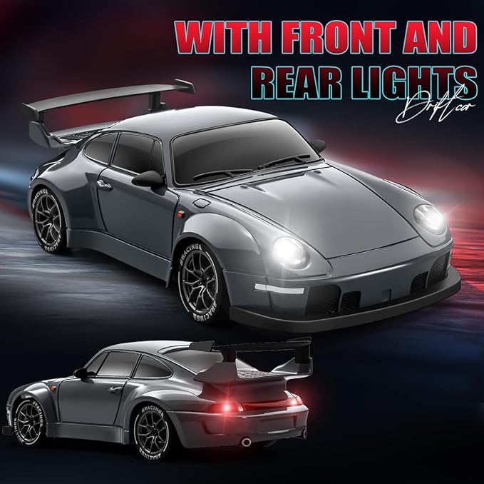 RC Drift Car 1:24 Scale Remote Control Vehicle with LED Lights 2.4GHz 20KM/H 4WD High Speed RC Cars Drifting Tires＆Two Batteries. (Dark-Gray)