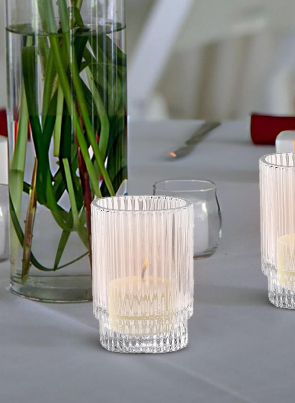 Serene Spaces Living Set of 4 Ribbed Glass Votive Holders & 10-Hour Ivory Votive Candles Set of 36 Bundle – Elegant Pleated Candle Holders & Long-Burning Unscented Tea Light Candles
