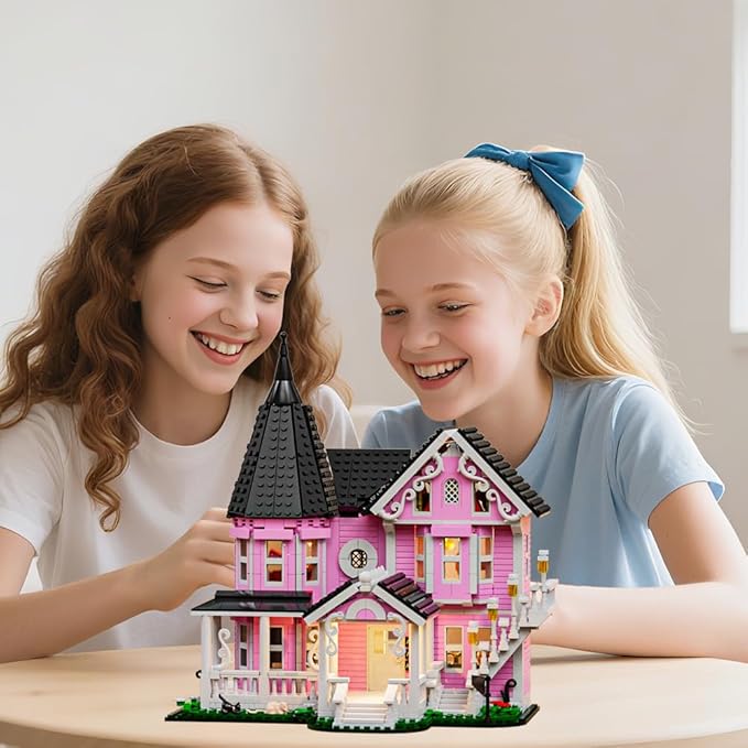 1349PCS Pink Palace House Building Set Halloween Haunted House Blocks Toy with Lights Christmas for Teens Girls 12+ Halloween House Kit for Kids Adults