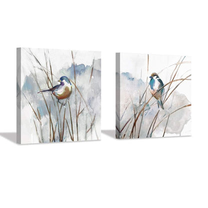 Abstract Bird Picture Wall Art: Animal Birds on Reed Artwork Painting on Canvas for Living Room (16” x 16” x 2 Panels)
