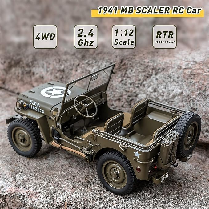 Rochobby FMS 1/12 1941 MB Scaler RC Jeep 4x4 Hobby Grade RTR RC Car Mini RC Rock Crawler Army Military 2.4Ghz RC Truck with LED Lights Battery and USB Charger for Adults