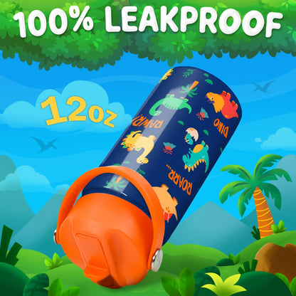Dinosaur Water Bottle for Boys - Kids Water Bottle with Straw Lid - 12 Oz Insulated Stainless Steel Water Bottles for Kid - Travel Cup for School Sports