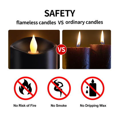 ASLDOIWEH 3x3 Flickering Flameless Candles Set of 3, 2AA Battery Life 600 Hours Battery Candles Flickering with Timer, 3 inch Flameless Candles with Remote for Indoor/Outdoor, Black
