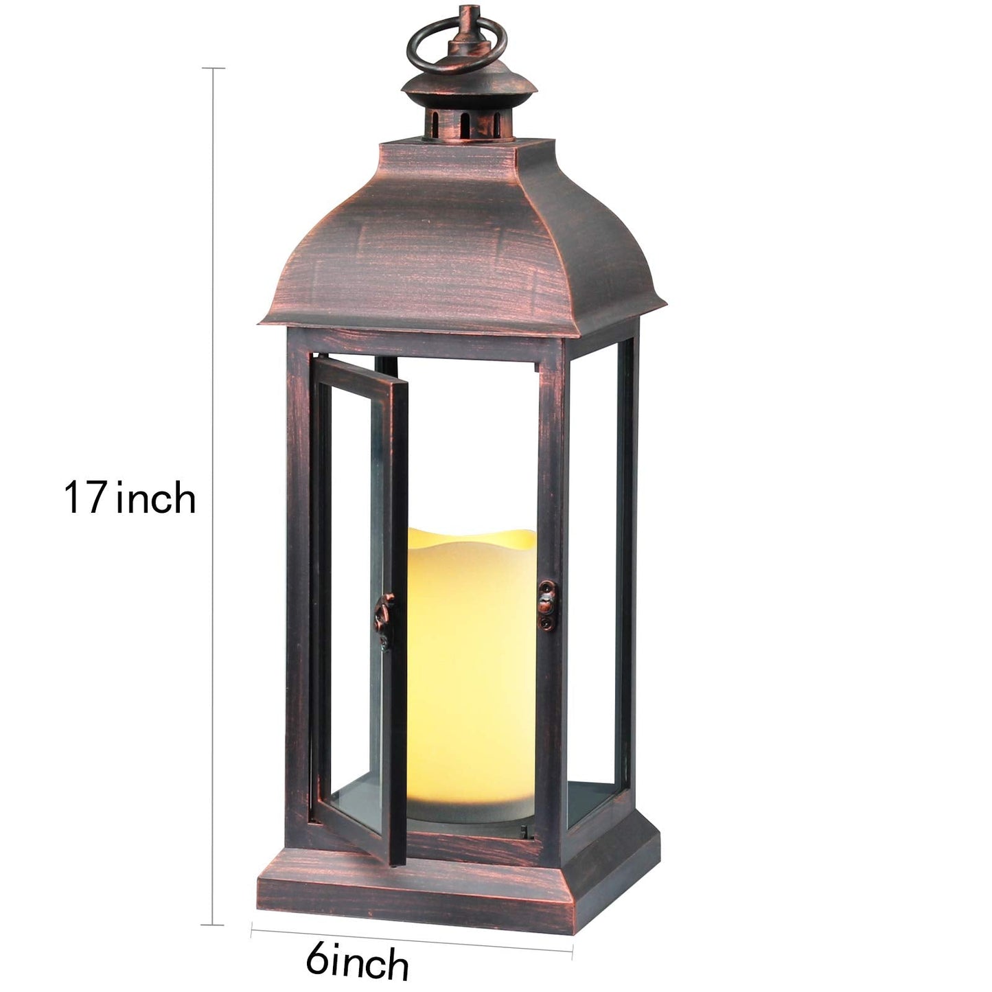 WRalwaysLX 15 inch H The Door-Open Decorative Lantern with flameless LED Candle Light, Outdoor/Indoor LED Lantern, wtith Timer Candle，Plastic with Bronze Undertones.USE 2C Battery(not Include)